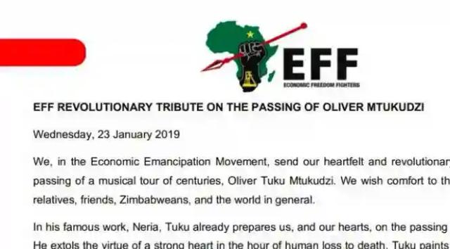 Full Text: South Africa's EFF Pays Tribute To Oliver Mtukudzi