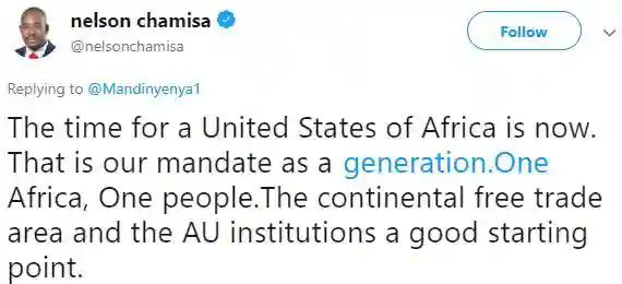 'Time For A United States Of Africa Is Now", Nelson Chamisa