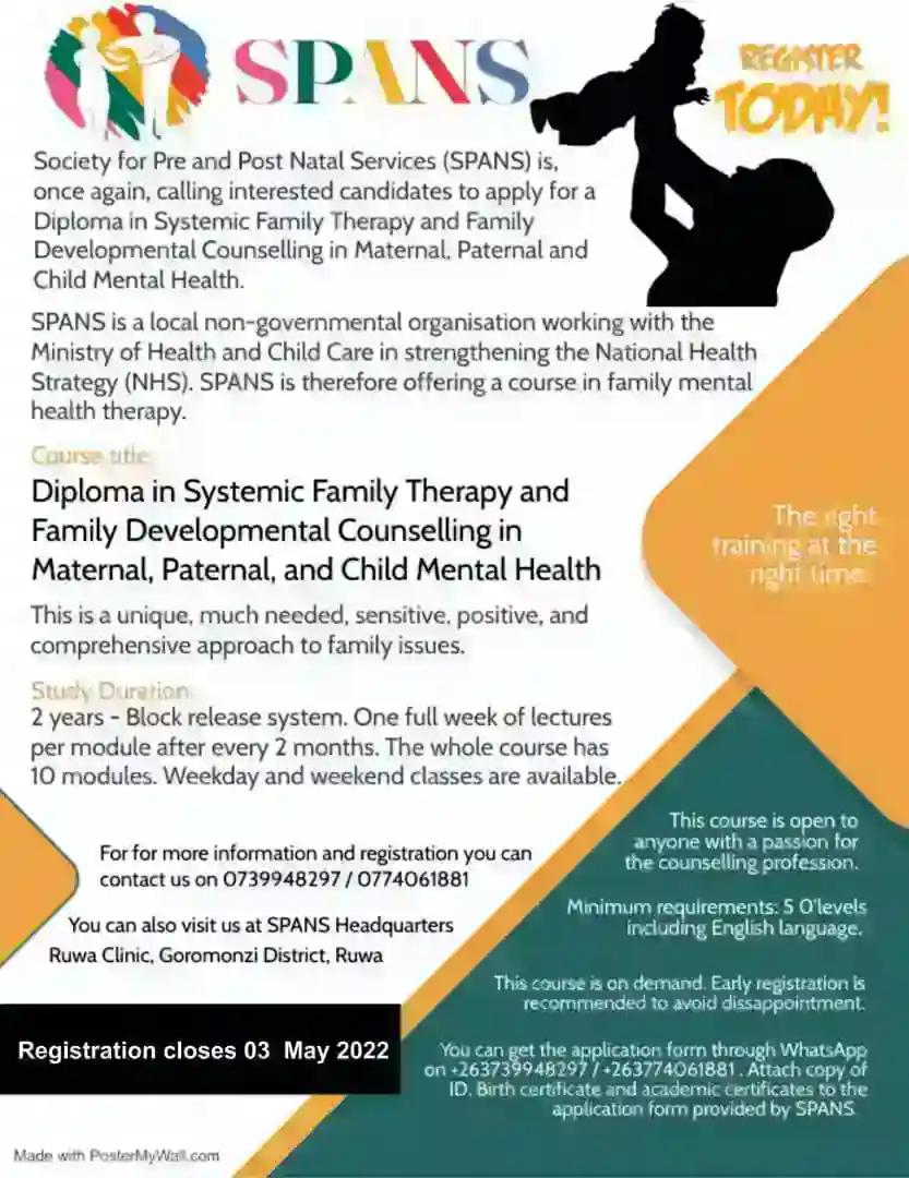 Diploma in Systemic Family Therapy & Family  Counselling in Maternal Paternal & Child Mental Health.