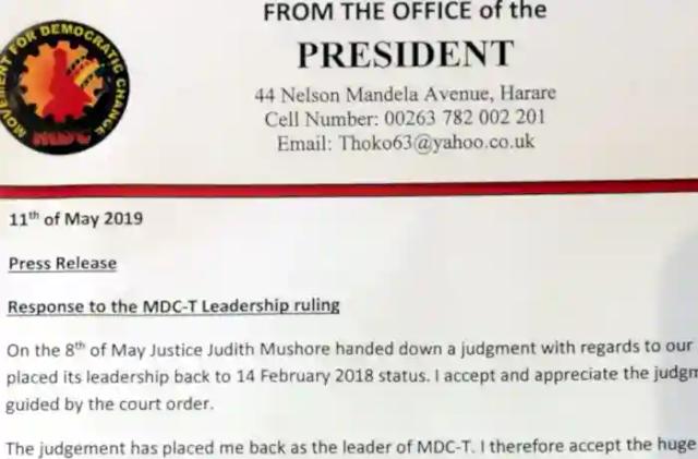 FULL TEXT: Thokozani Khupe Statement On MDC Leadership Judgment