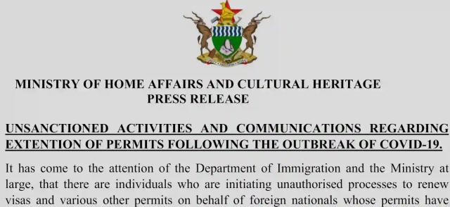 FULL TEXT: Zim Government Renews Foreign Nationals' Permits. Warns Of Corrupt Elements