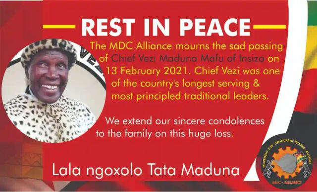 MDC Alliance Mourns Chief Maduna