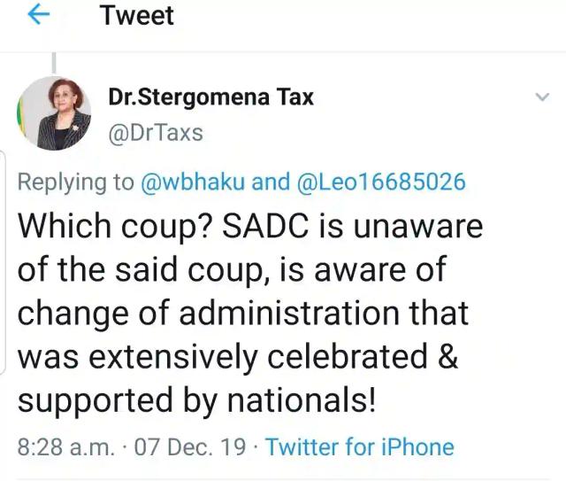 SADC's Dr Tax Says Administration Change In Zimbabwe Was Not A Coup