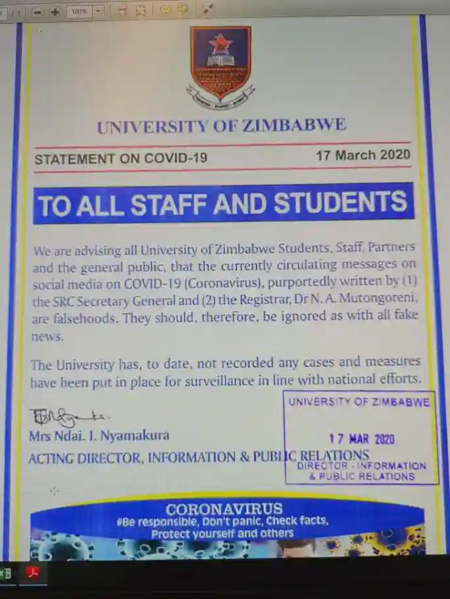 UZ Statement On Reports That 2 People Tested Positive For Coronavirus