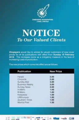 Zimpapers Announce New Cover Prices For All Publications, Effective February 10
